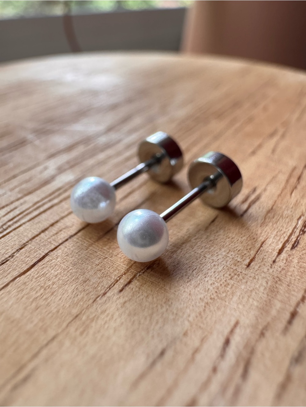 Pearl Barbell Stud Earrings - White Pearl